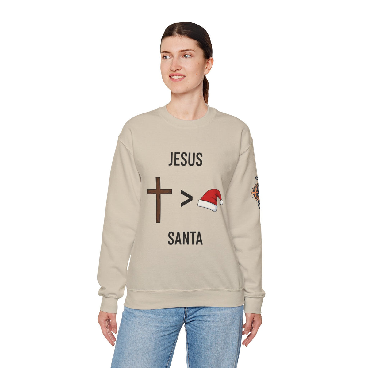 🎄 Jesus > Santa – Minimalist Christian Christmas Sweatshirt | Bold Faith Over Holiday Tee | Cross vs Santa Hat Design | Uplifted Gear Printify