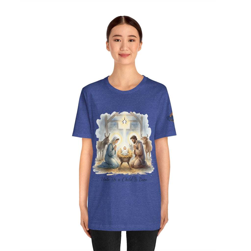 Unto Us a Child is Born T-shirt – Isaiah 9:6 Nativity Manger Scene Christian Christmas T-shirt for Holy Night Faith Printify
