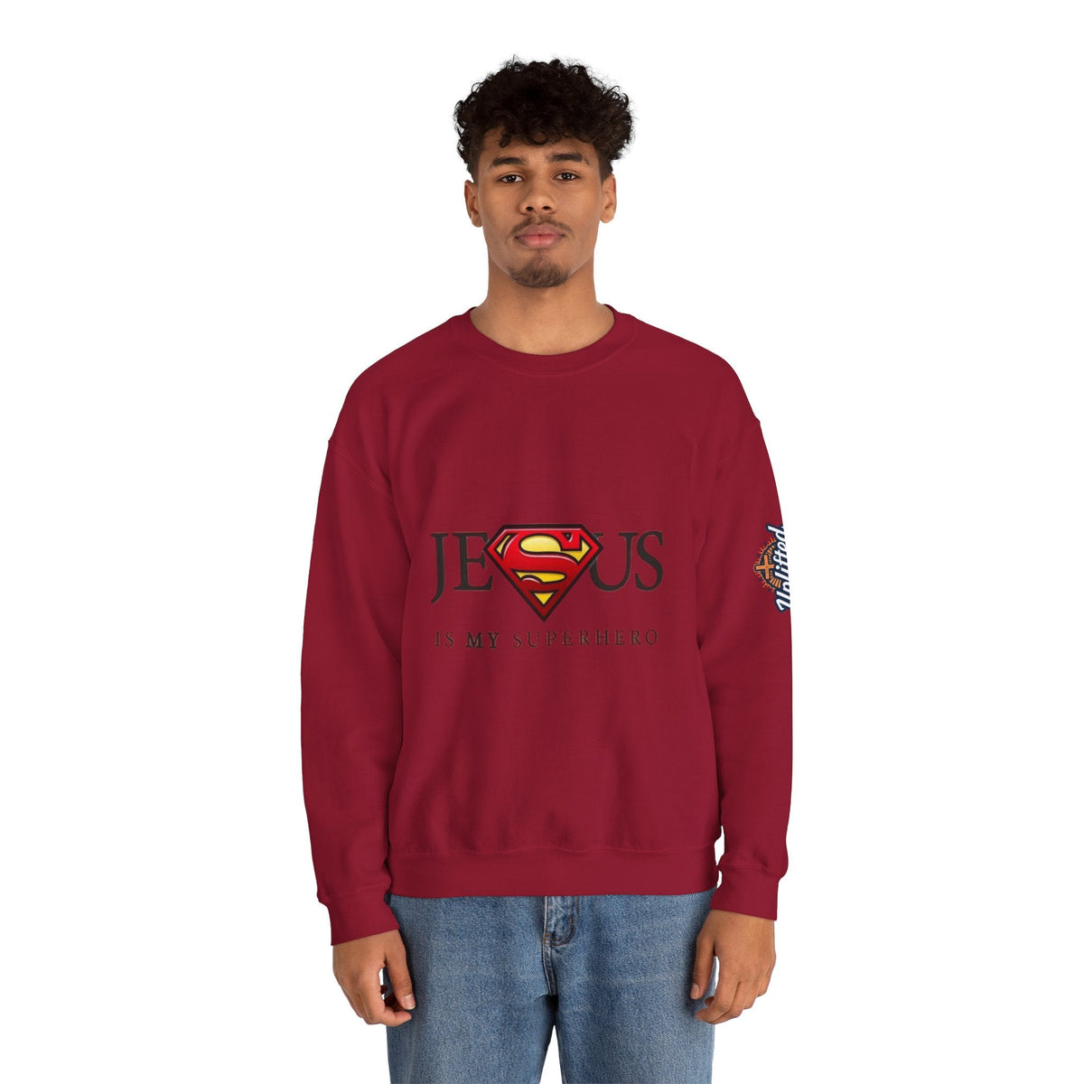 Jesus Is My Superhero Crewneck Sweatshirt Printify