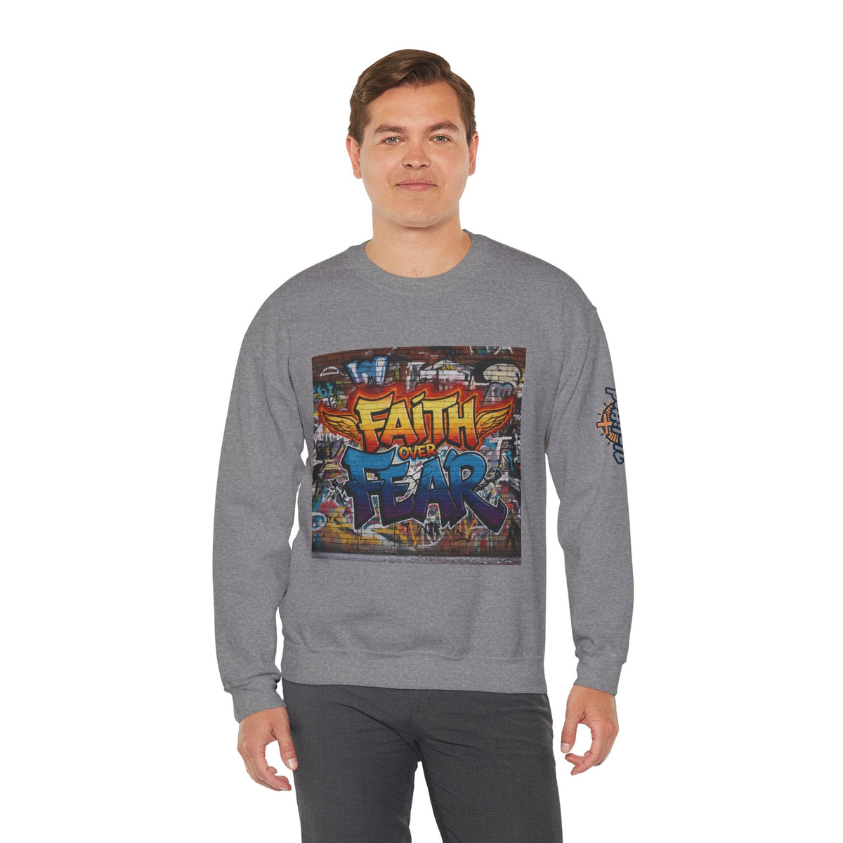Faith Over Fear Sweatshirt – Graffiti Wall Christian Sweatshirt for Bold 2 Corinthians 5:7 Streetwear & Unshakable Faith Printify