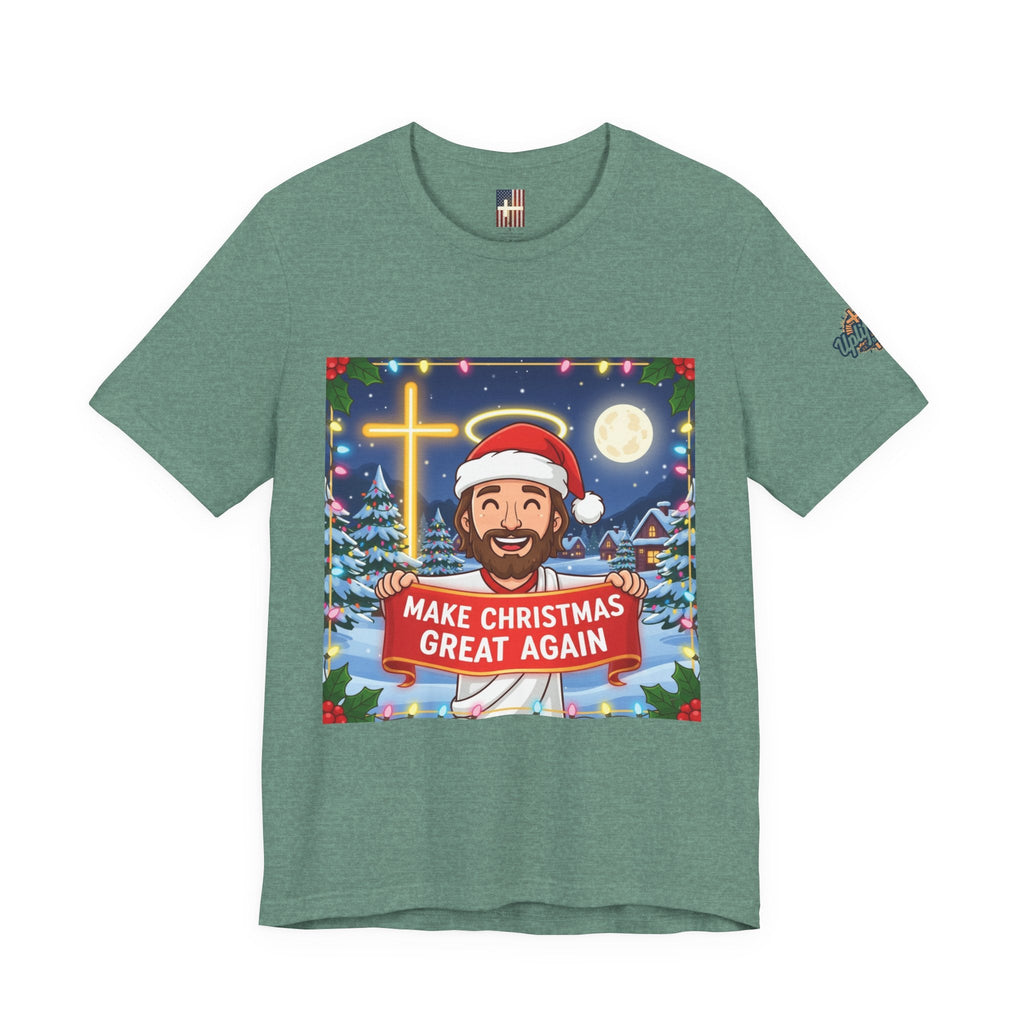 🎄 Make Christmas Great Again – Funny Christian T-Shirt | Jesus Holding Banner | Faith-Based Holiday Parody Tee | Uplifted Gear Printify