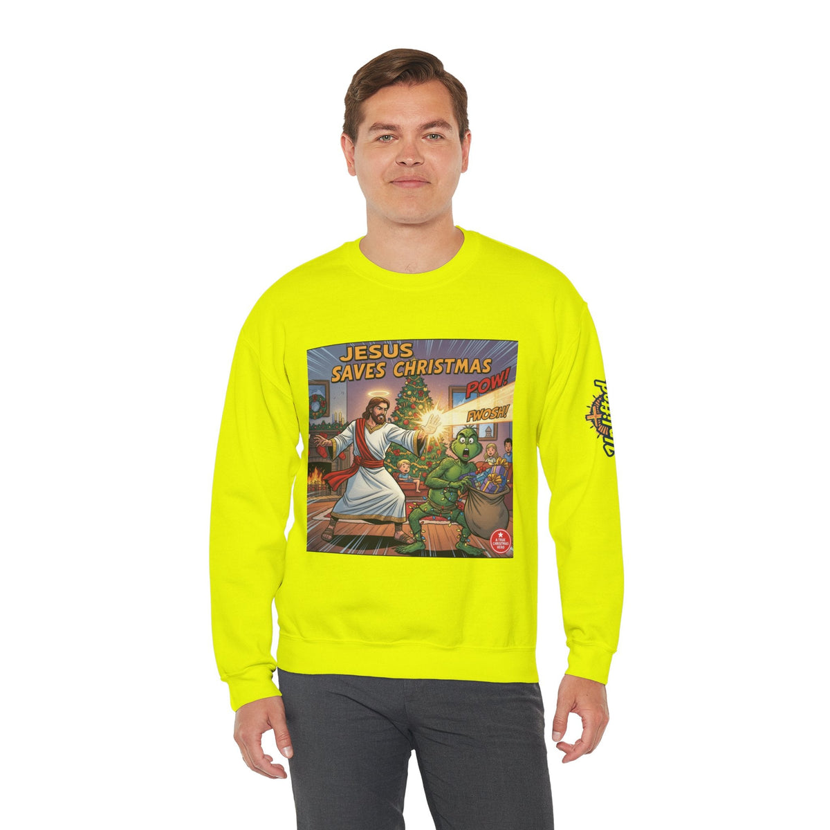 Jesus Saves Christmas Sweatshirt – Grinch vs Savior Light Battle Christian Sweatshirt for Hilarious Holiday Faith & True Joy Printify