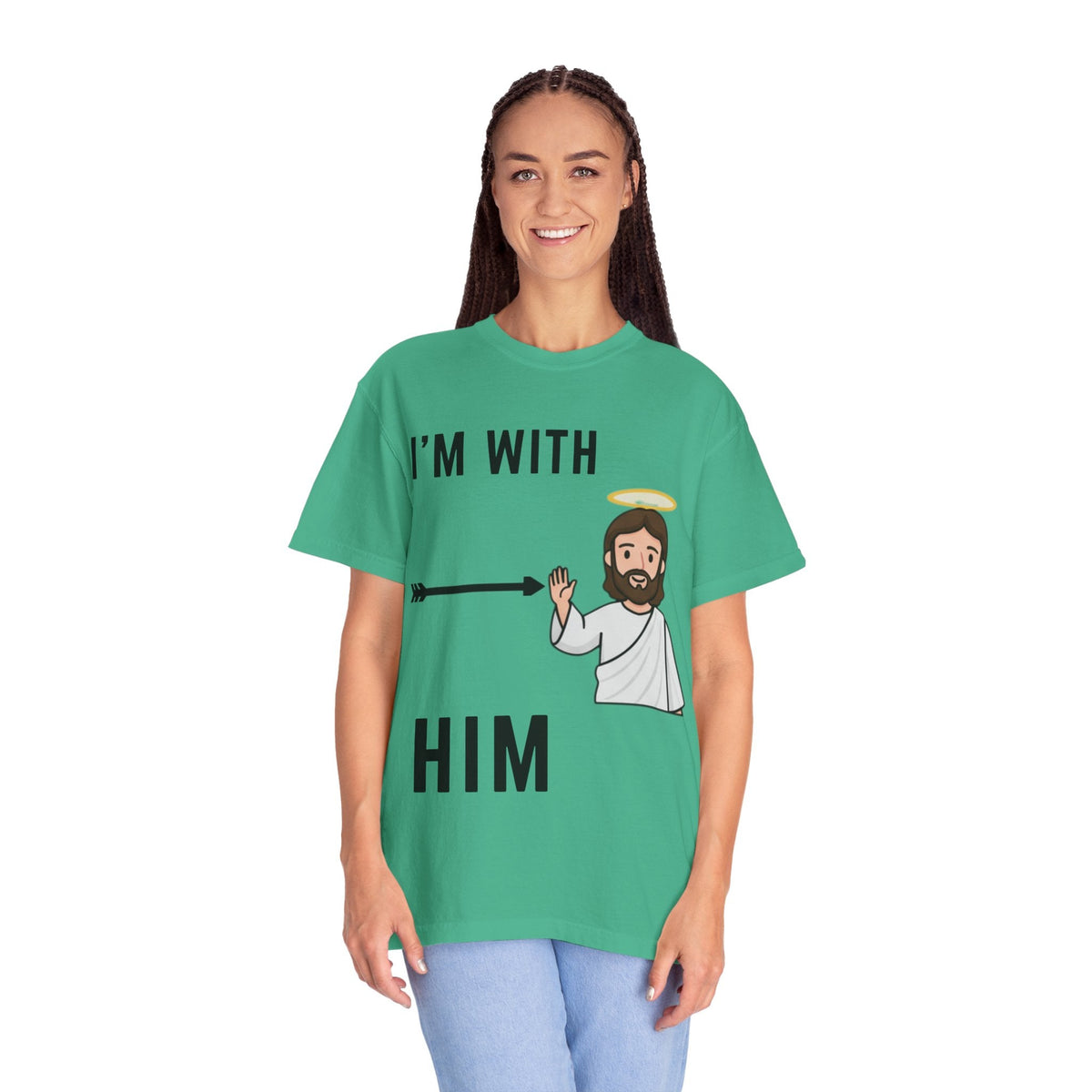 🔥 I’m With Him → Christian T-Shirt | Arrow Pointing to Jesus | Minimalist Faith Tee | Subtle Cross Design | Bible-Inspired Apparel by Uplifted Gear Printify