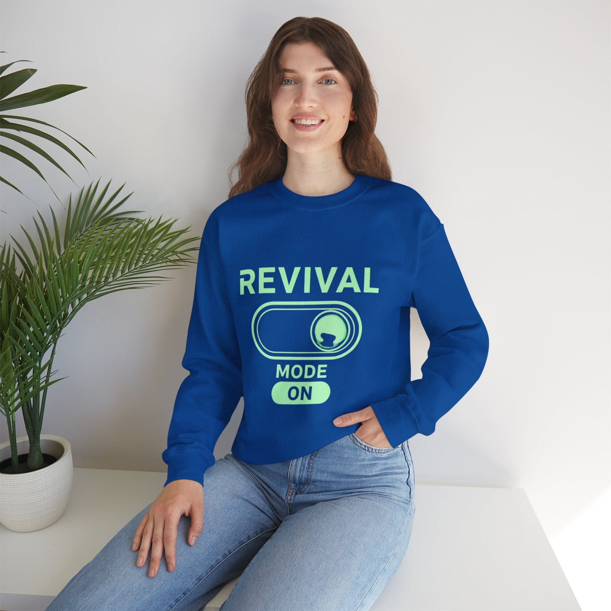 🔥 Revival Mode: ON – Christian Techwear Sweatshirt | Glowing Green Faith Switch | Futuristic Jesus Shirt | Activate Your Spiritual Awakening | Uplifted Gear Printify
