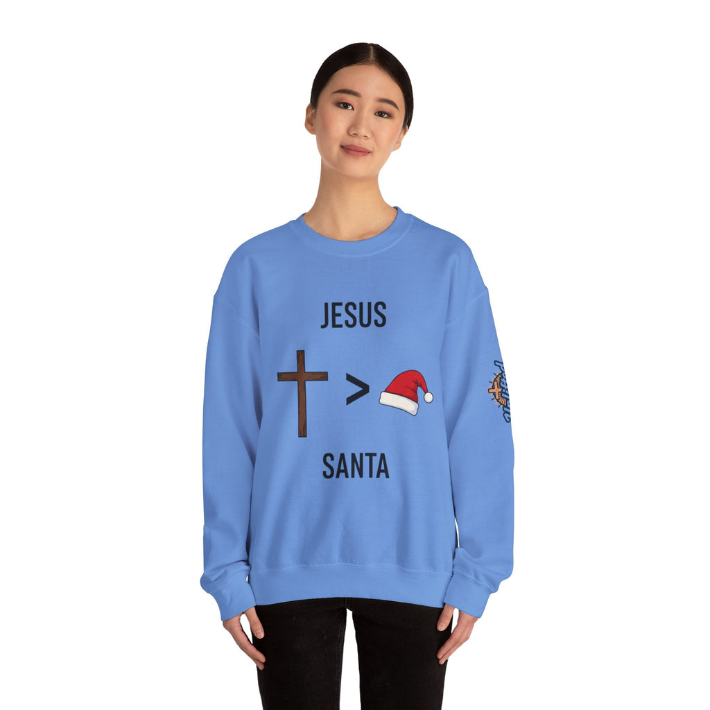 🎄 Jesus > Santa – Minimalist Christian Christmas Sweatshirt | Bold Faith Over Holiday Tee | Cross vs Santa Hat Design | Uplifted Gear Printify