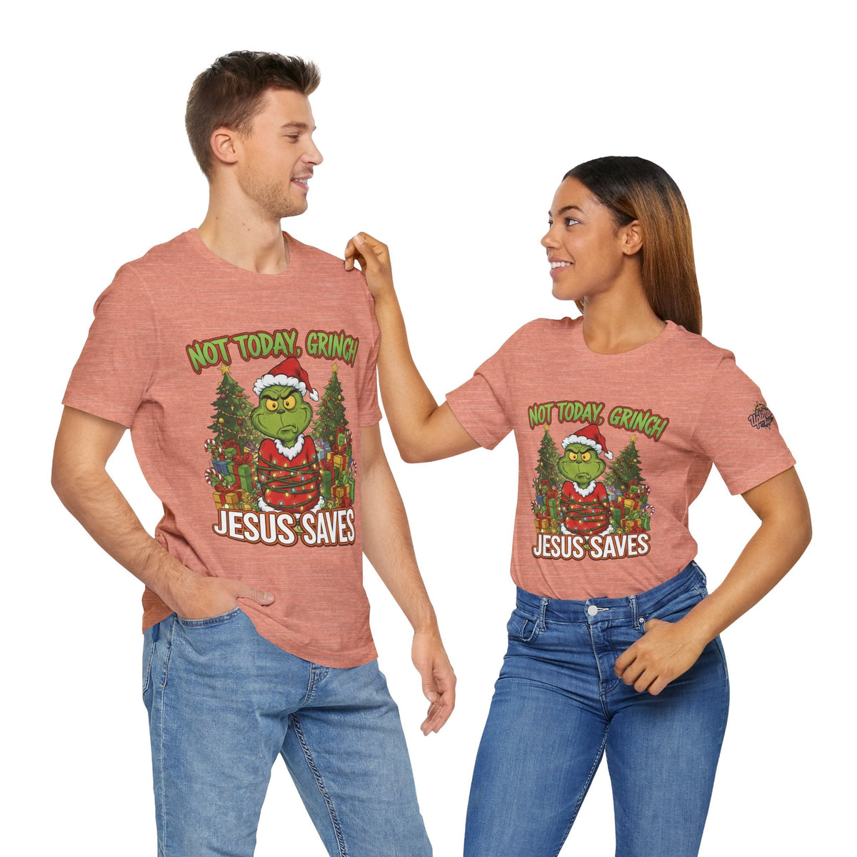 🎄 Not Today, Grinch – Jesus Saves | Funny Christian Christmas T-Shirt | Sulking Grinch & Glowing Cross | Bold Neon Faith Tee by Uplifted Gear Printify