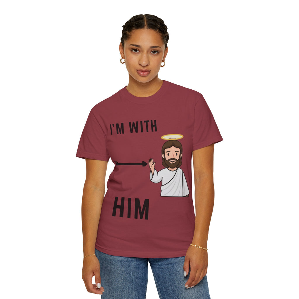 🔥 I’m With Him → Christian T-Shirt | Arrow Pointing to Jesus | Minimalist Faith Tee | Subtle Cross Design | Bible-Inspired Apparel by Uplifted Gear Printify