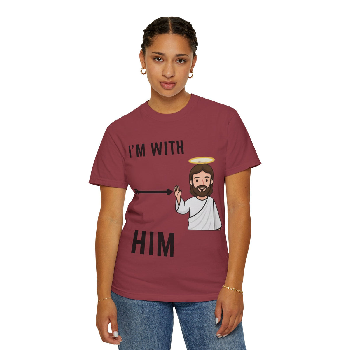 🔥 I’m With Him → Christian T-Shirt | Arrow Pointing to Jesus | Minimalist Faith Tee | Subtle Cross Design | Bible-Inspired Apparel by Uplifted Gear Printify