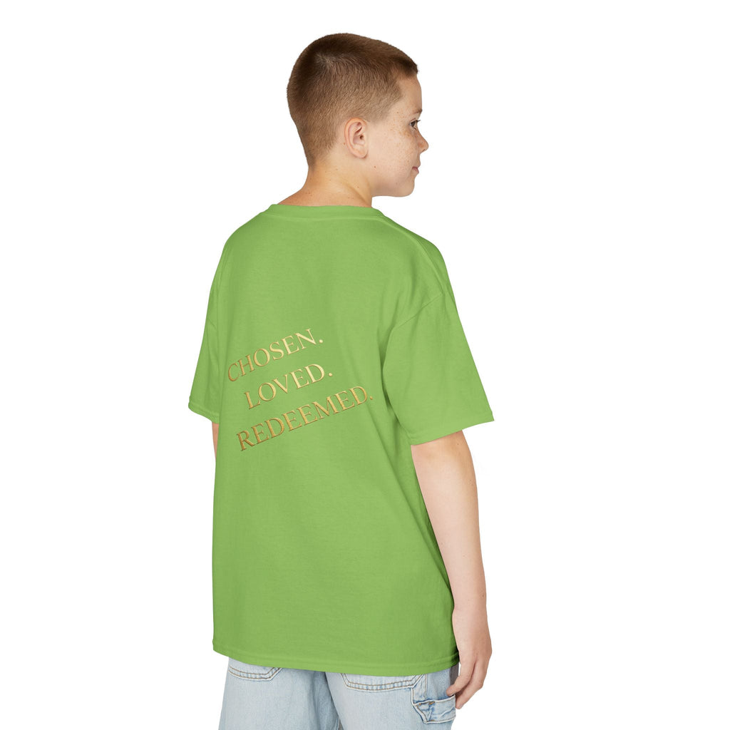 ✨ Chosen. Loved. Redeemed. – Elegant Christian Kids T-Shirt | Gold Foil Faith Tee | Subtle Cross & Heart Design | Inspirational Bible Verse Apparel by Uplifted Gear Printify