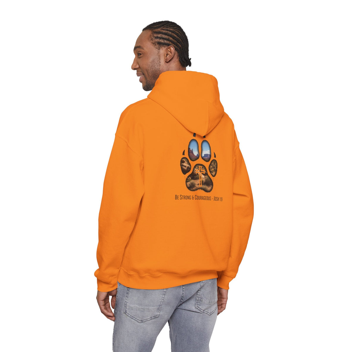 Strong and Courageous Hoodie – Joshua 1:9 Canine Pawprint Desert Christian Hoodie for Dog Lovers Printify