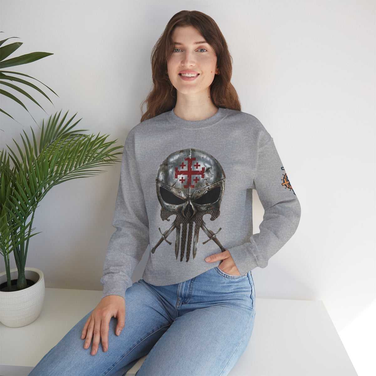 Crusader Knight Christian Skull Sweatshirt - Warrior Armor of God Sweatshirt Printify