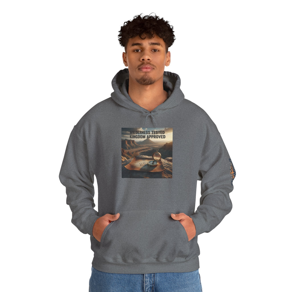Wilderness Tested Kingdom Approved Hoodie – Mountain Desert Compass Crown Christian Sweatshirt for Biblical Adventure Faith Printify