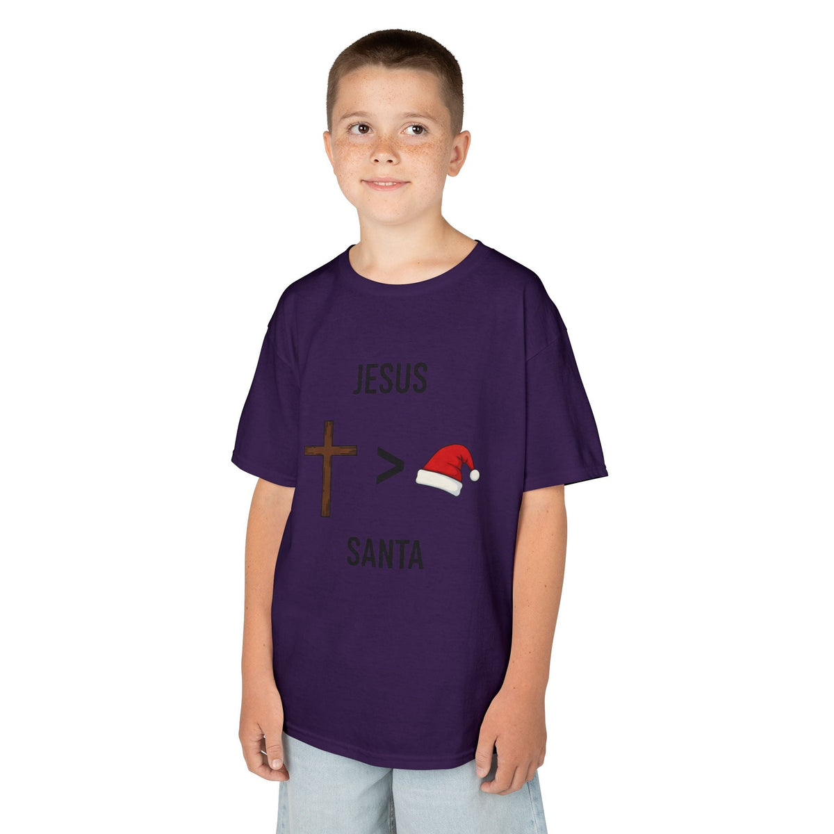 🎄 Jesus > Santa – Minimalist Christian Christmas Kids T-Shirt | Bold Faith Over Holiday Tee | Cross vs Santa Hat Design | Uplifted Gear Printify