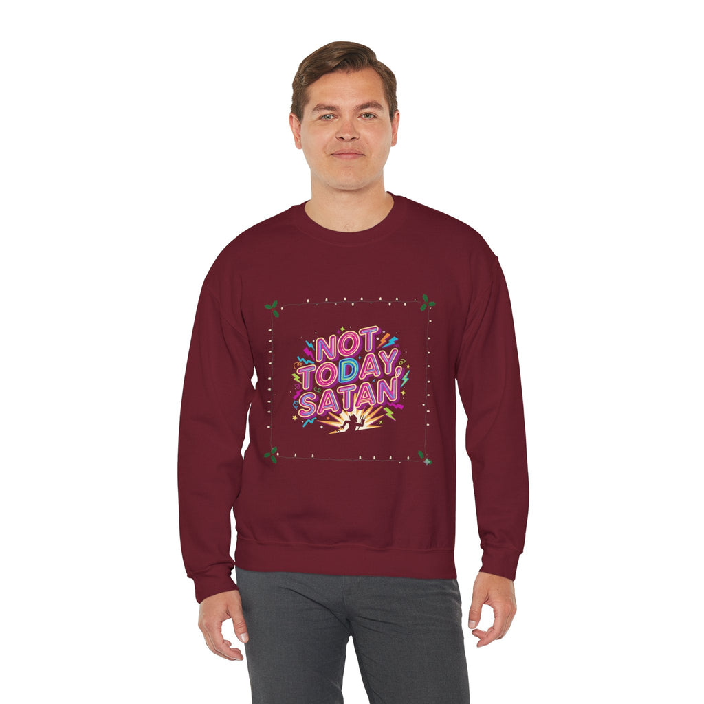 🔥 Not Today, Satan – Retro 90s Christian Sweatshirt | Neon Faith Tee | Funky Cartoon Devil | Bold Bible Verse Shirt | Uplifted Gear Printify
