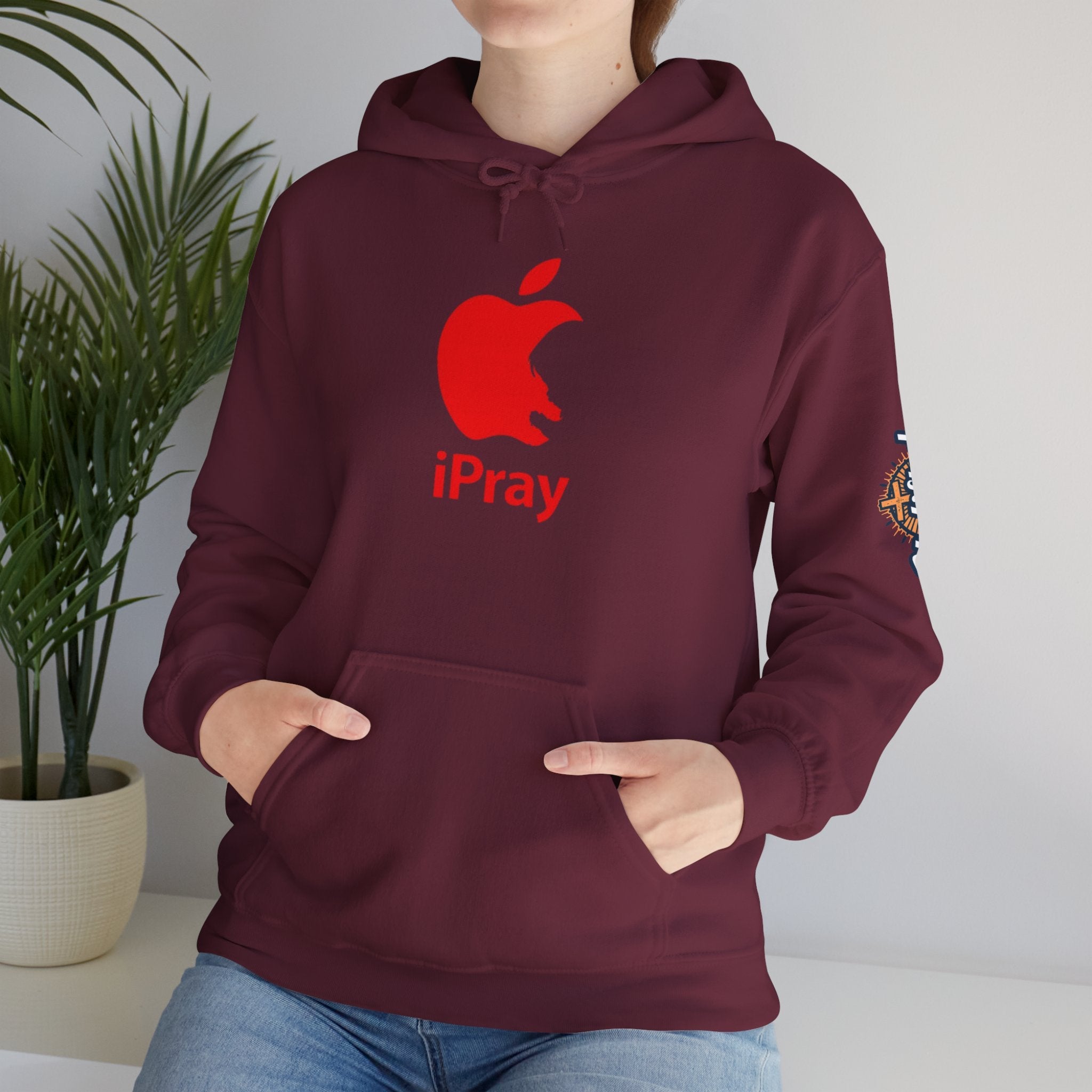 iPray Apple Logo Hoodie — Funny Christian Hoodie (Minimal Red Apple Graphic) Printify