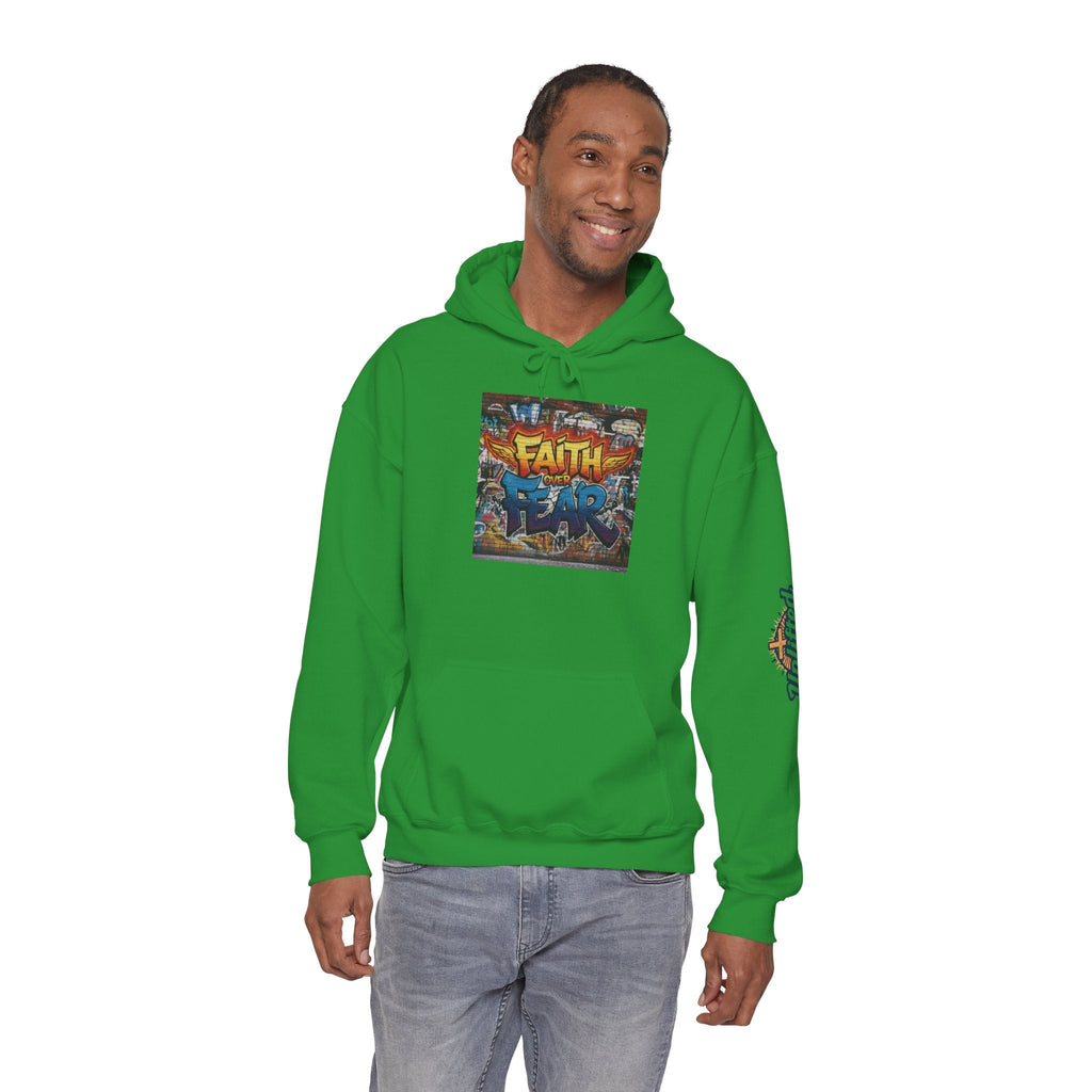 Faith Over Fear Hoodie – Graffiti Wall Christian Sweatshirt for Bold 2 Corinthians 5:7 Streetwear & Unshakable Faith Printify