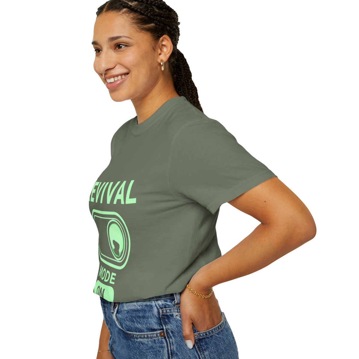 🔥 Revival Mode: ON – Christian Techwear T-Shirt | Glowing Green Faith Switch | Futuristic Jesus Shirt | Activate Your Spiritual Awakening | Uplifted Gear Printify