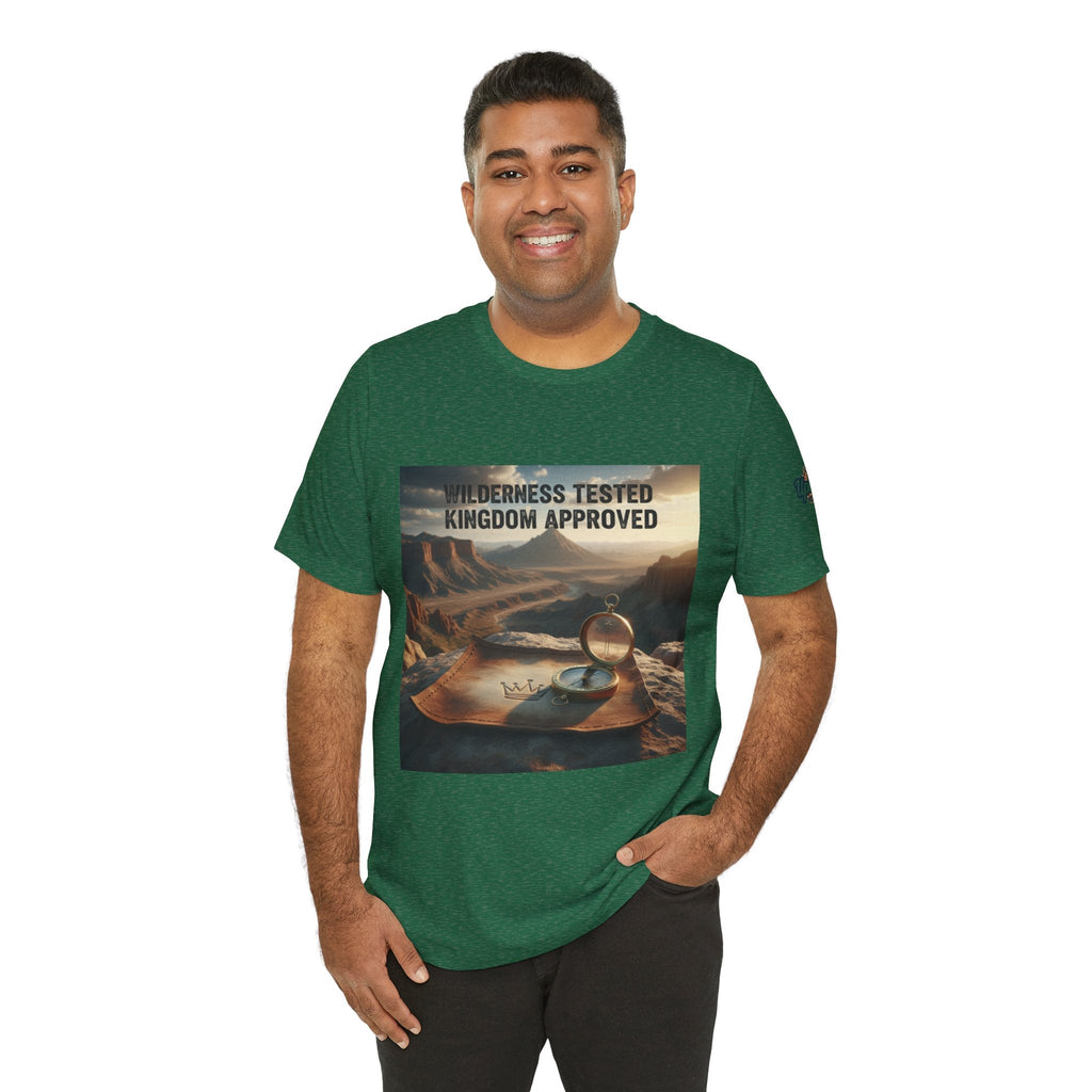 Wilderness Tested Kingdom Approved T-shirt – Mountain Desert Compass Crown Christian T-shirt for Biblical Adventure Faith Printify