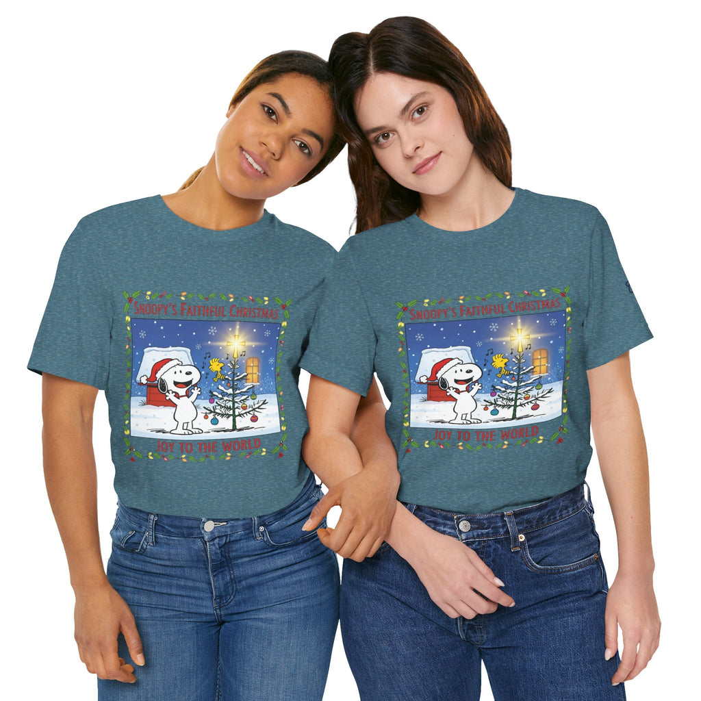 🎄 Faithful Christmas Friends – Christian Holiday T-Shirt | Festive Tree & Cartoon Duo | Heartwarming Christmas Tee by Uplifted Gear Printify