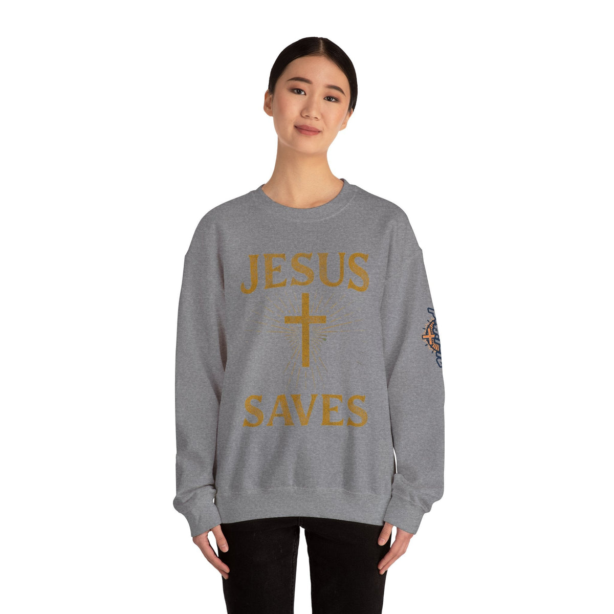 Jesus Saves Sweatshirt – Radiant Cross & Rays of Light Christian Sweatshirt for Eternal Hope & Faith Printify