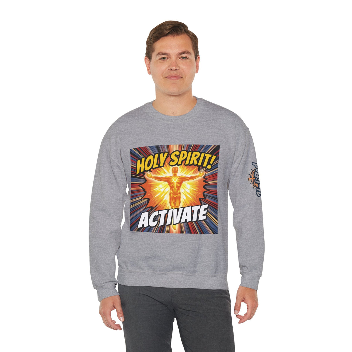 Holy Spirit Activate Sweatshirt – Superhero Christian Sweatshirt with Vibrant Power-Up Design for Faith-Fueled Boldness Printify