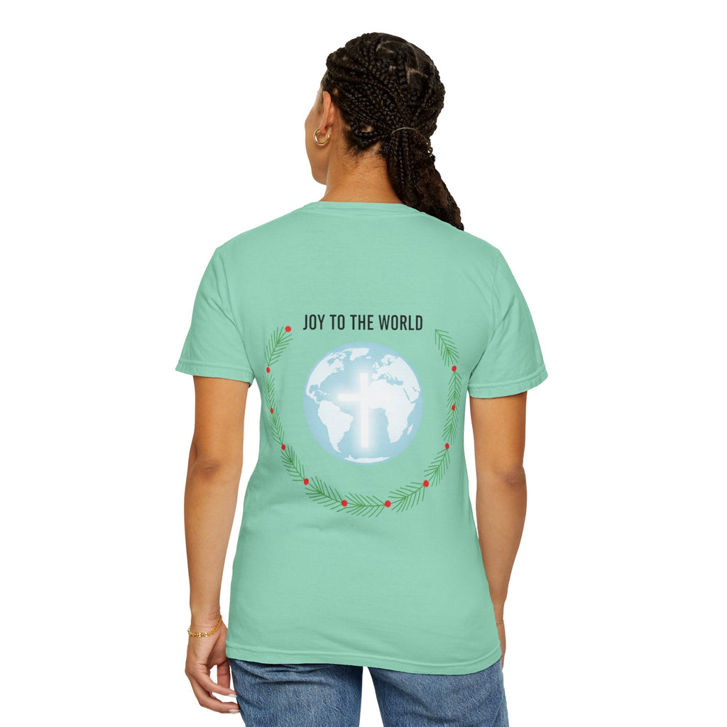 Joy to the World T-shirt – Wreath Earth Nativity Christian Christmas T-shirt for Isaiah 9:6 Holiday Faith & Festive Joy Printify
