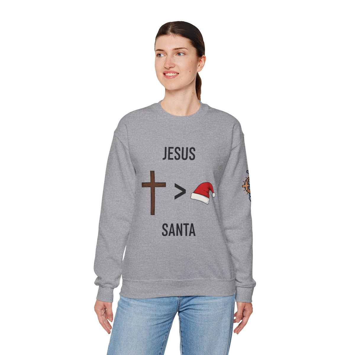🎄 Jesus > Santa – Minimalist Christian Christmas Sweatshirt | Bold Faith Over Holiday Tee | Cross vs Santa Hat Design | Uplifted Gear Printify