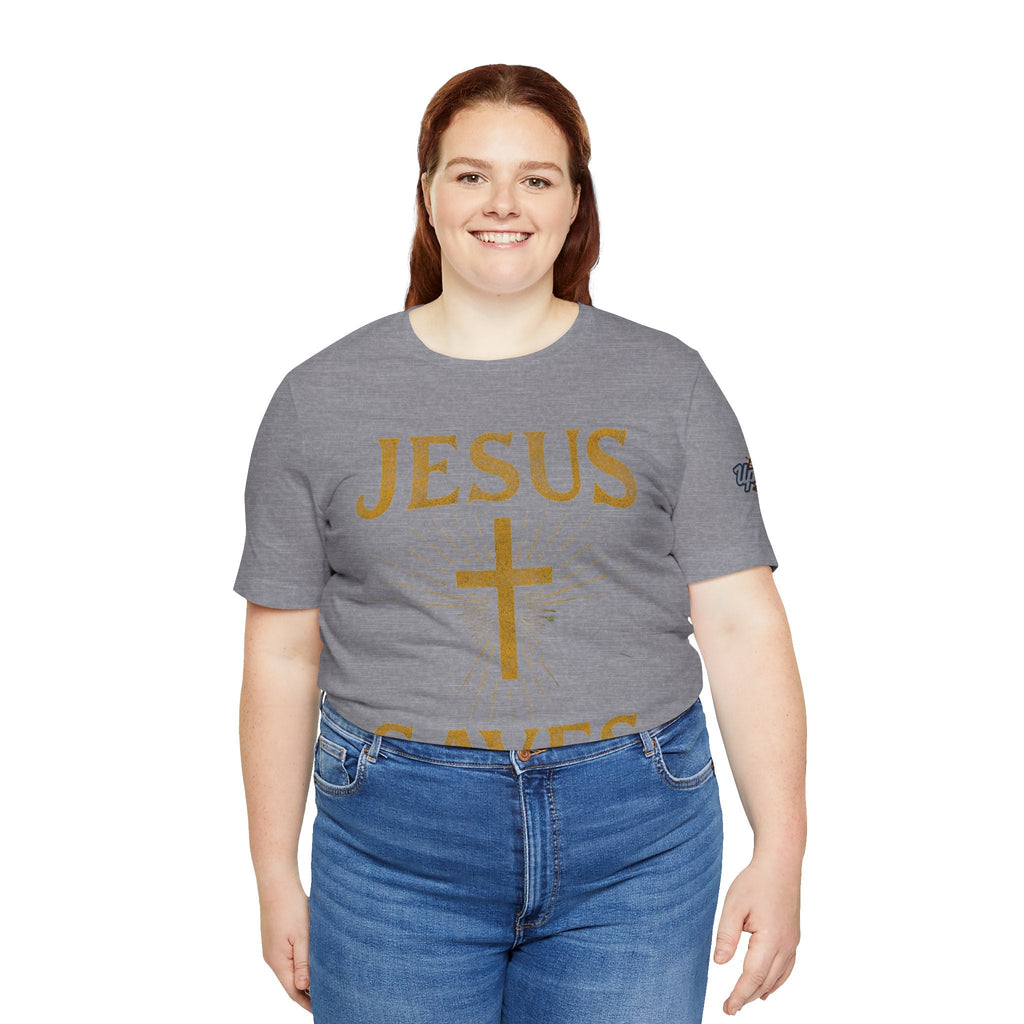 Jesus Saves T-shirt – Radiant Cross & Rays of Light Christian T-shirt for Eternal Hope & Faith Printify