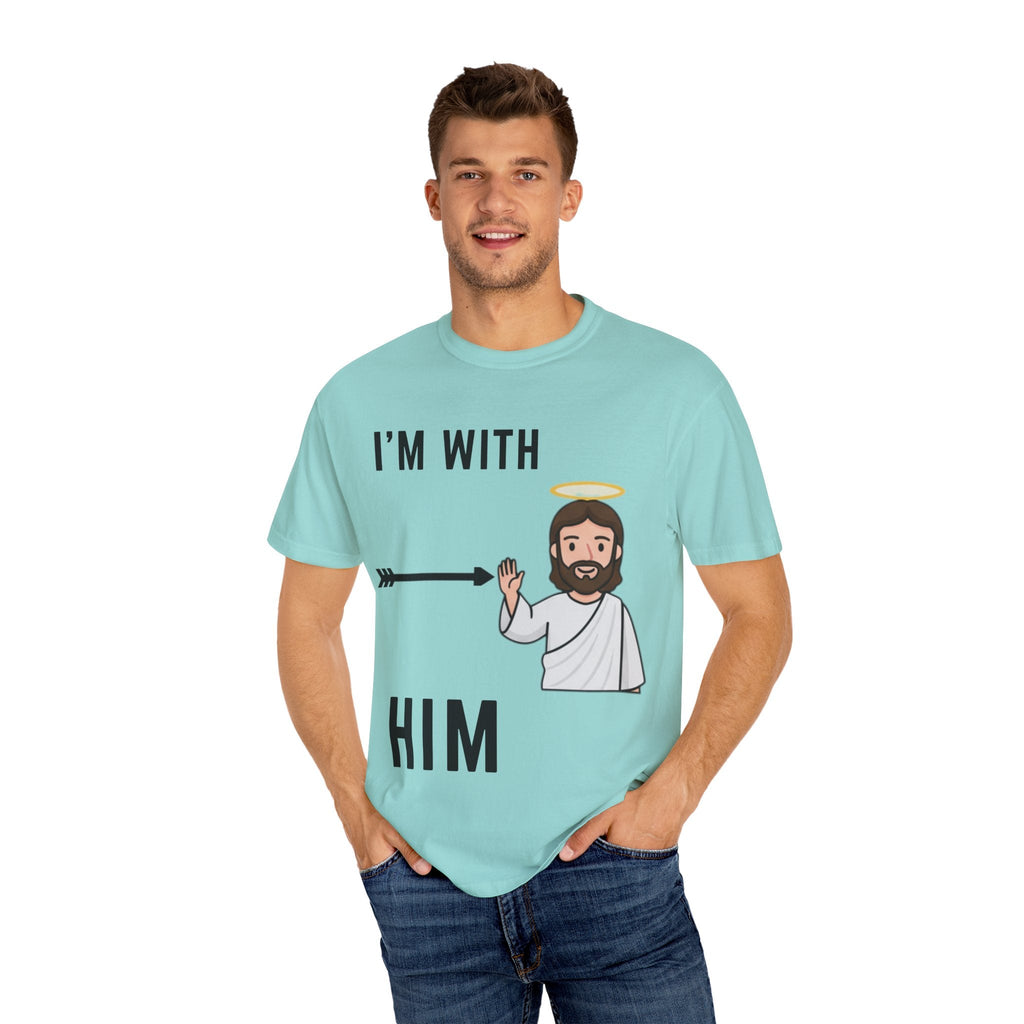🔥 I’m With Him → Christian T-Shirt | Arrow Pointing to Jesus | Minimalist Faith Tee | Subtle Cross Design | Bible-Inspired Apparel by Uplifted Gear Printify