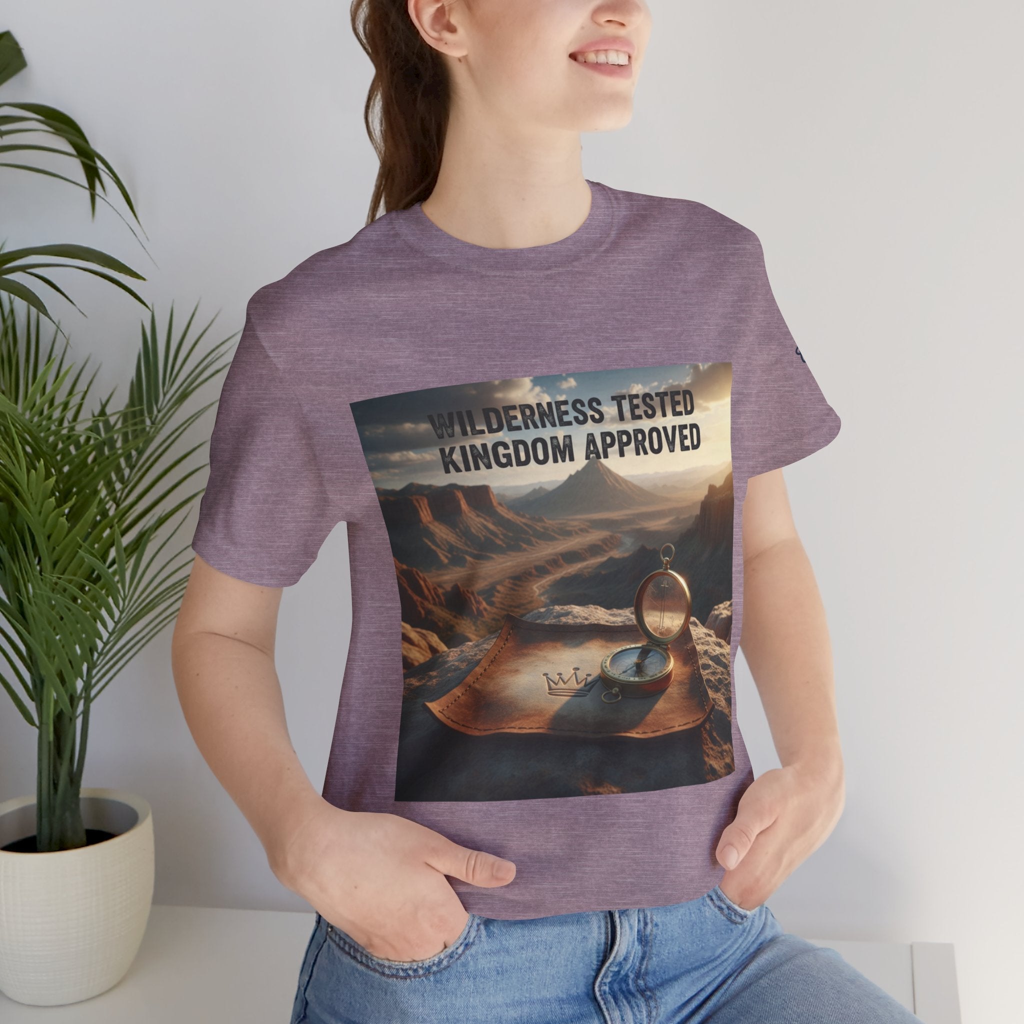 Wilderness Tested Kingdom Approved T-shirt – Mountain Desert Compass Crown Christian T-shirt for Biblical Adventure Faith Printify