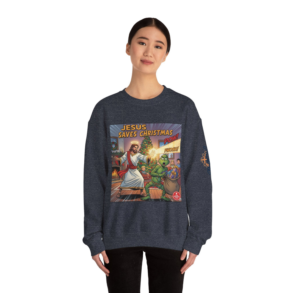Jesus Saves Christmas Sweatshirt – Grinch vs Savior Light Battle Christian Sweatshirt for Hilarious Holiday Faith & True Joy Printify