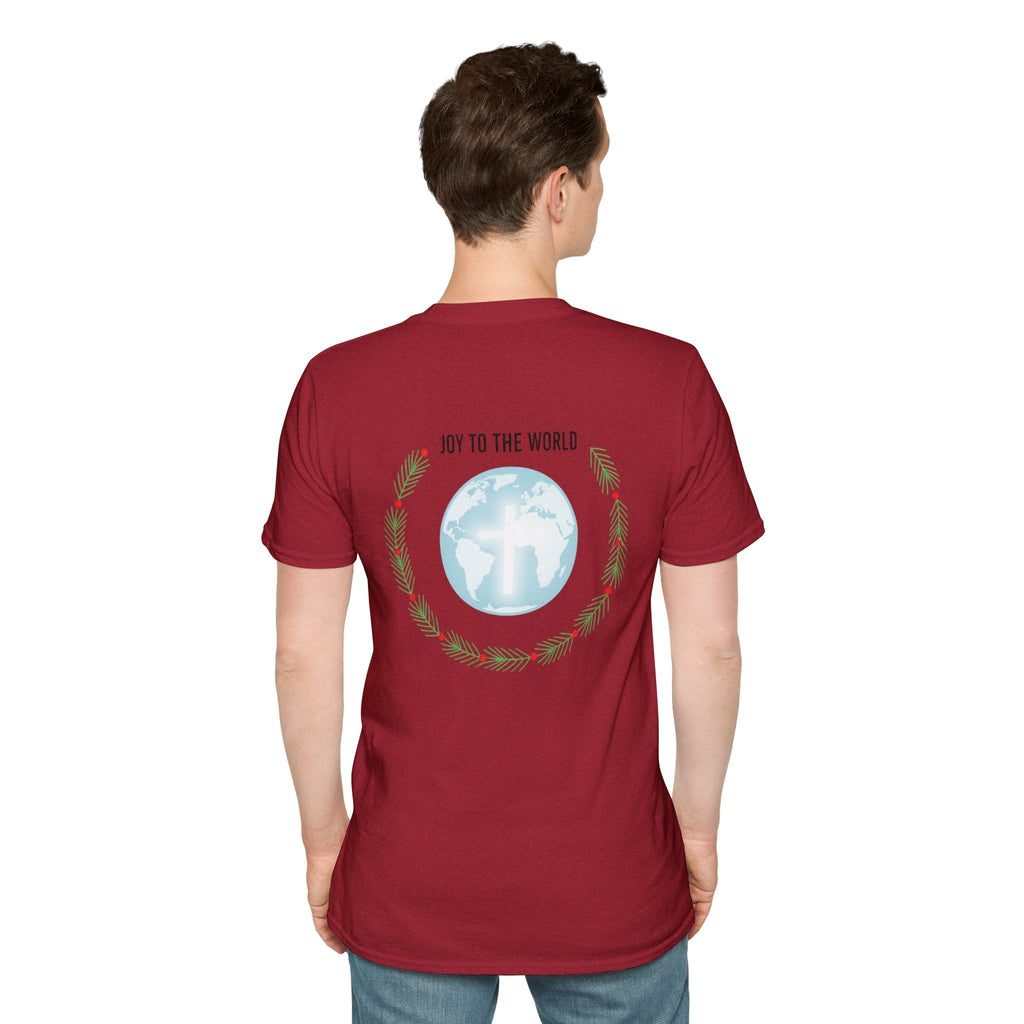 Joy to the World T-shirt – Wreath Earth Nativity Christian Christmas T-shirt for Isaiah 9:6 Holiday Faith & Festive Joy Printify