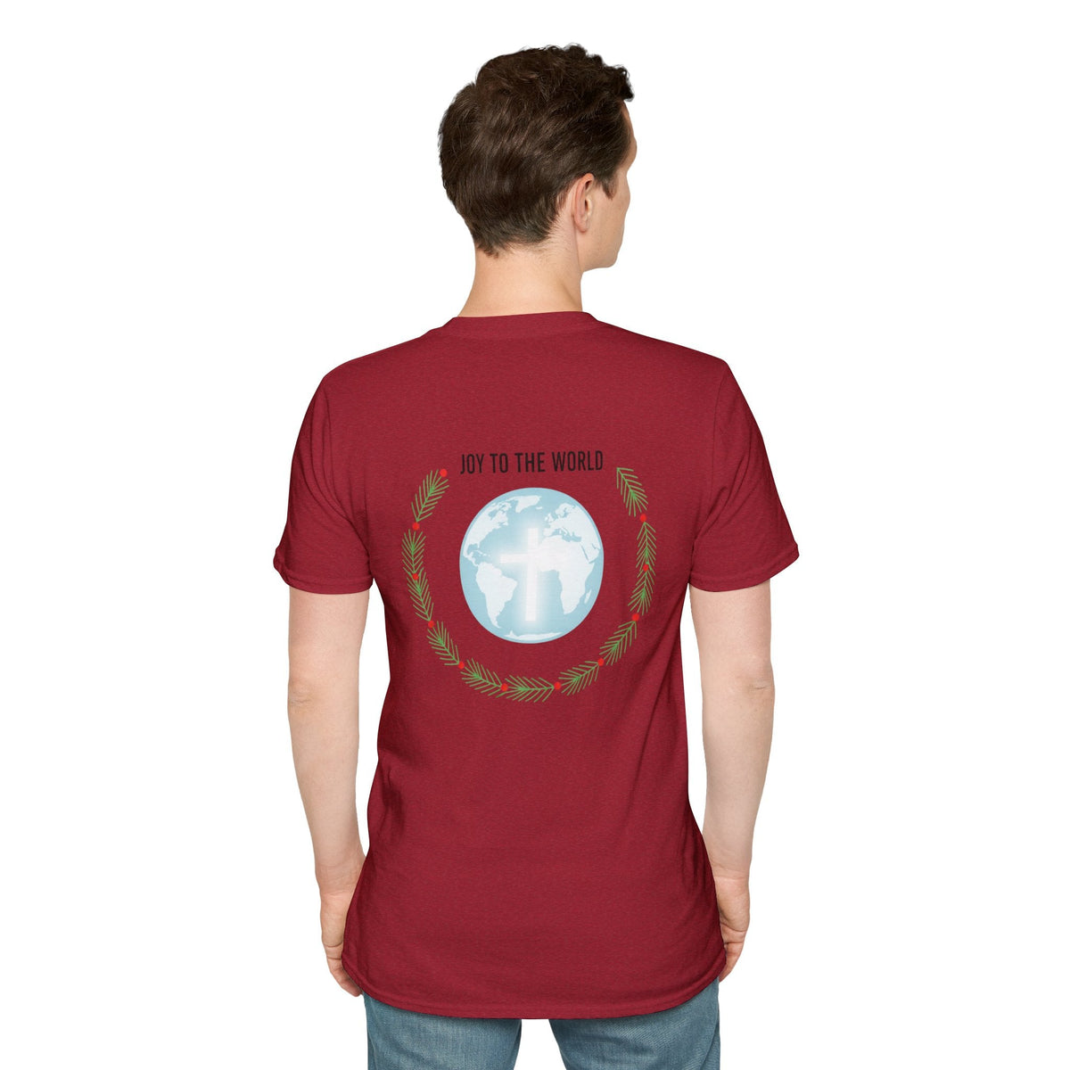 Joy to the World T-shirt – Wreath Earth Nativity Christian Christmas T-shirt for Isaiah 9:6 Holiday Faith & Festive Joy Printify
