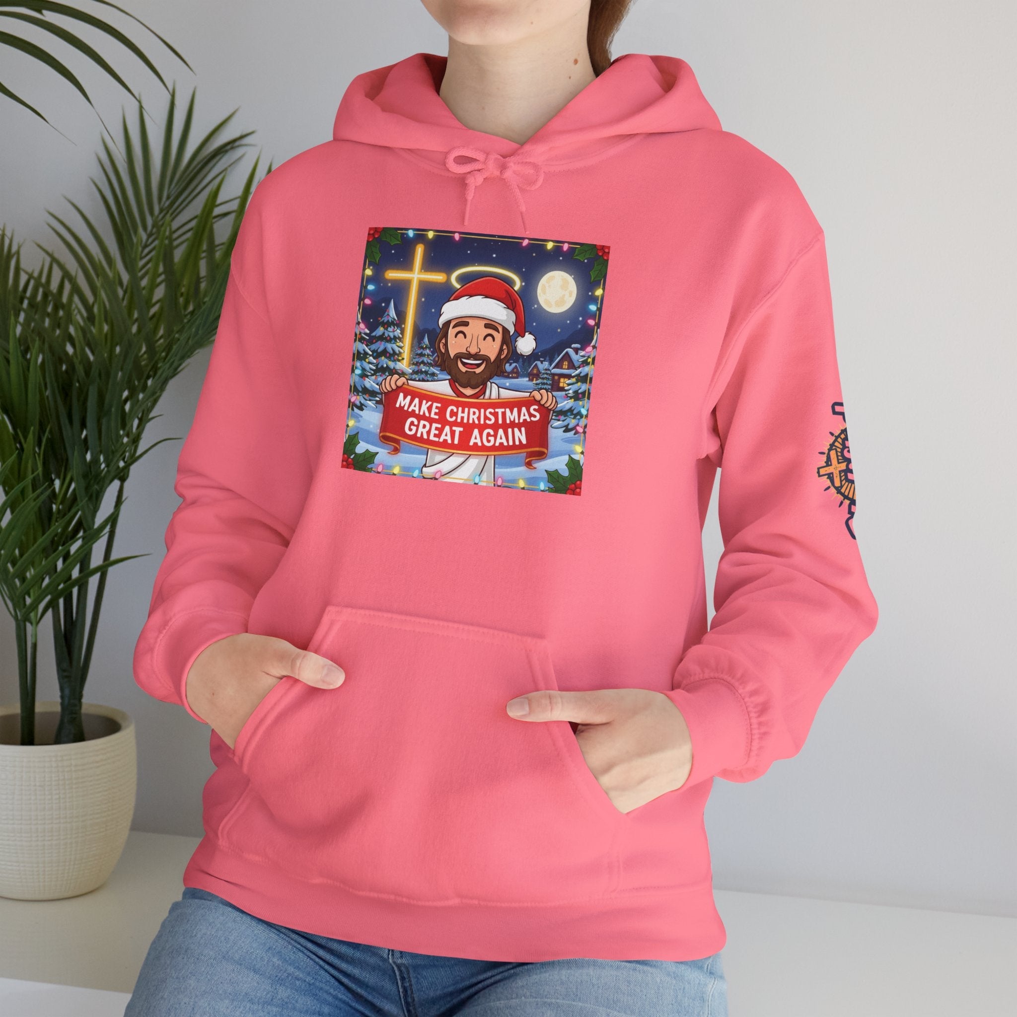 🎄 Make Christmas Great Again – Funny Christian Hoodie | Jesus Holding Banner | Faith-Based Holiday Parody Tee | Uplifted Gear Printify