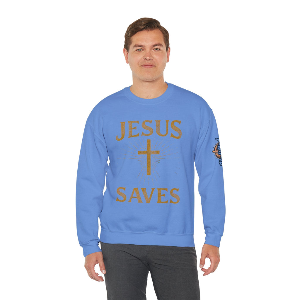 Jesus Saves Sweatshirt – Radiant Cross & Rays of Light Christian Sweatshirt for Eternal Hope & Faith Printify