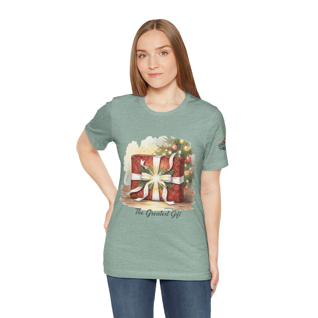 The Greatest Gift T-shirt – Cross Bow Present Christian T-shirt for Christmas Salvation & Eternal Faith Printify