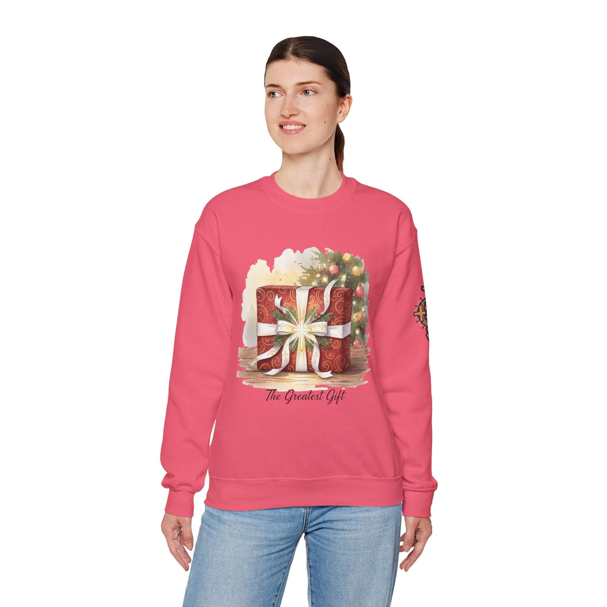 The Greatest Gift Sweatshirt – Cross Bow Present Christian Sweatshirt for Christmas Salvation & Eternal Faith Printify