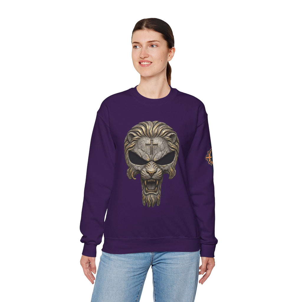 Lion of Judah Skull Christian Sweatshirt - Warrior Faith Cross Sweatshirt Printify