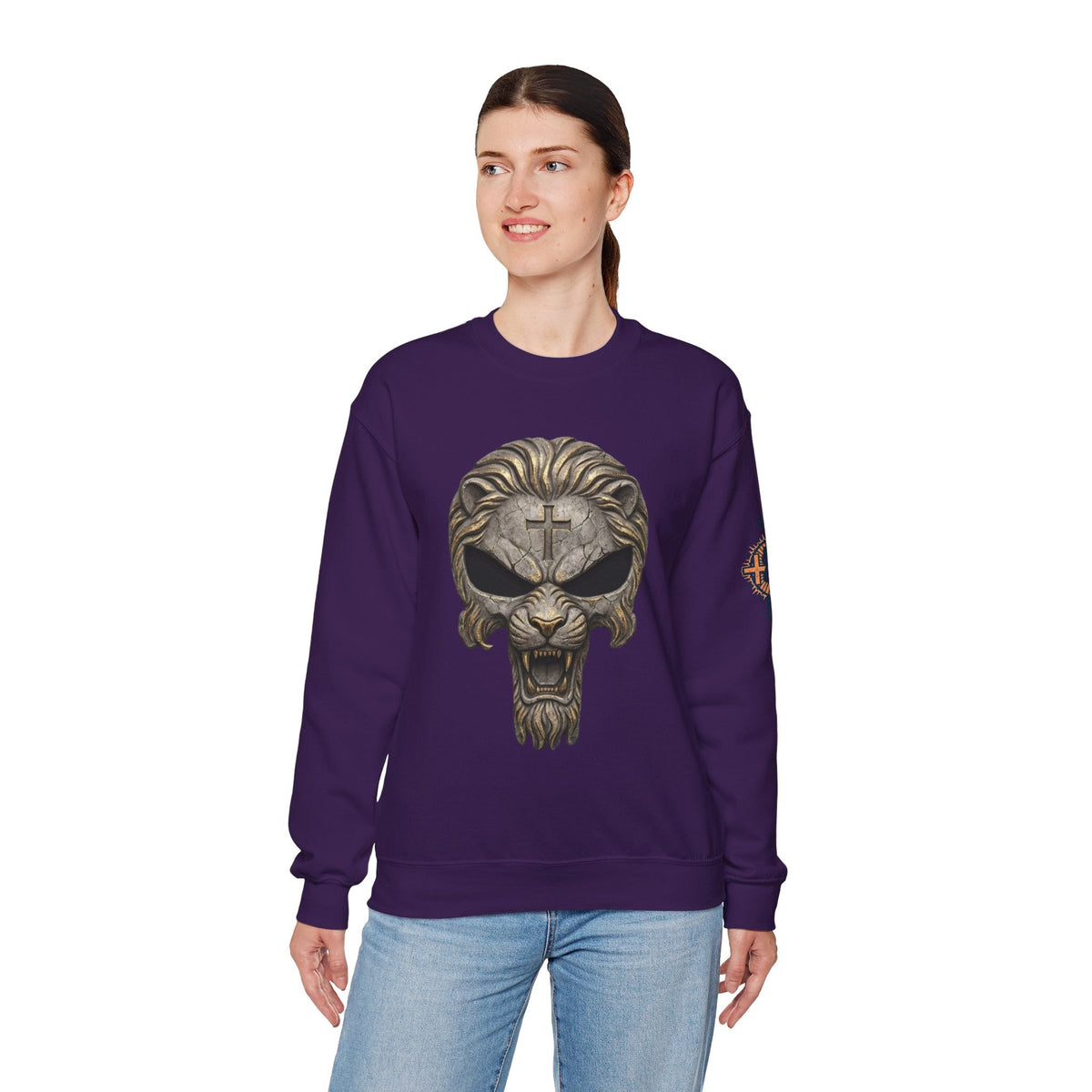 Lion of Judah Skull Christian Sweatshirt - Warrior Faith Cross Sweatshirt Printify