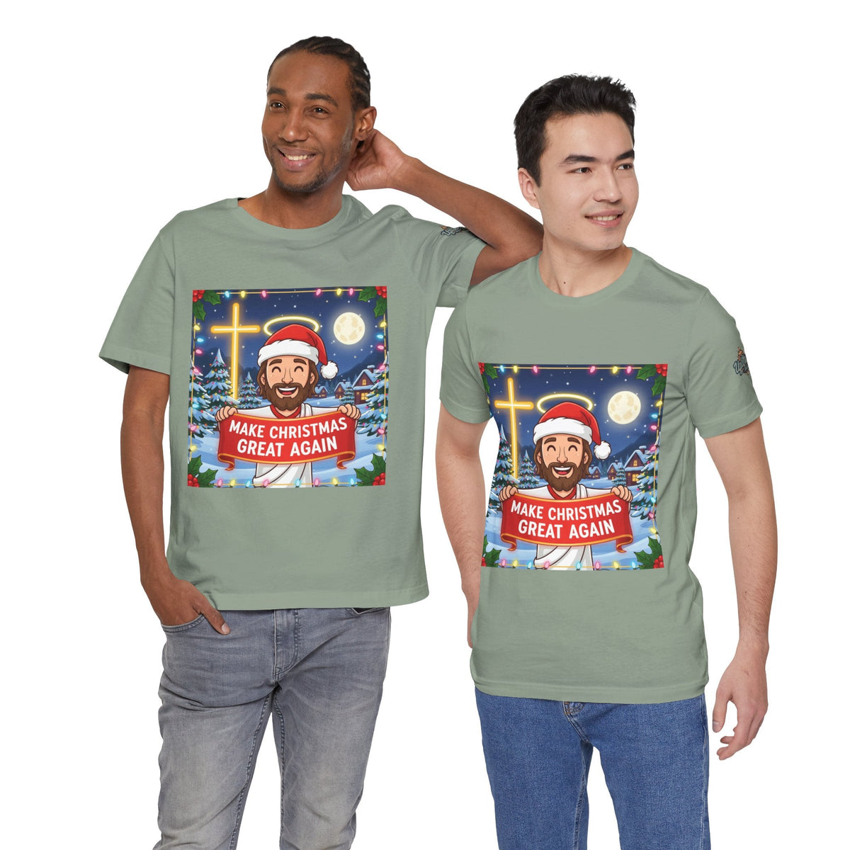 🎄 Make Christmas Great Again – Funny Christian T-Shirt | Jesus Holding Banner | Faith-Based Holiday Parody Tee | Uplifted Gear Printify