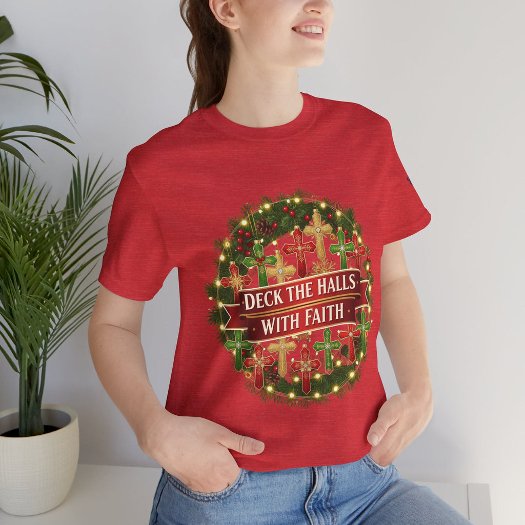 🎄 Deck the Halls with Faith – Christian Christmas T-Shirt | Cross Ornament Design & Festive Garland | Bold Holiday Faith Tee by Uplifted Gear Printify