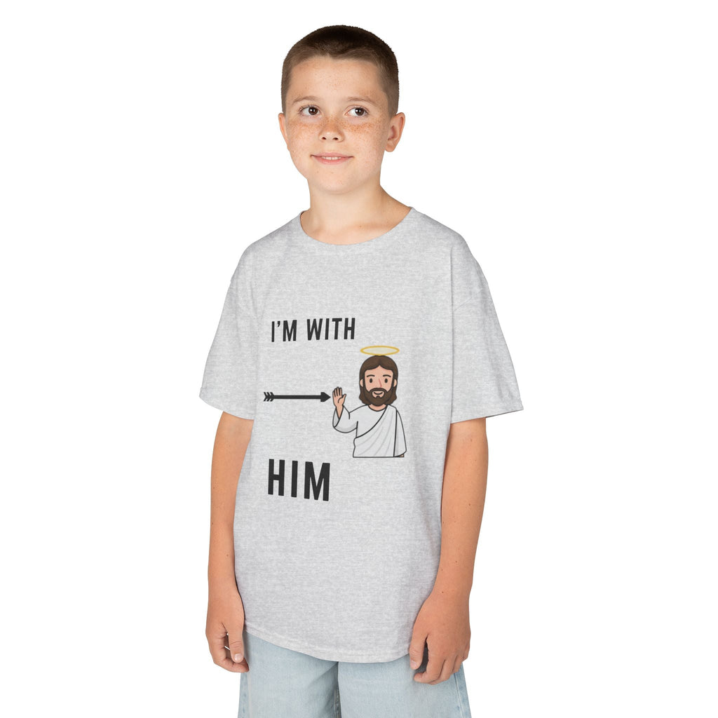 🔥 I’m With Him → Christian Kids T-Shirt | Arrow Pointing to Jesus | Minimalist Faith Tee | Subtle Cross Design | Bible-Inspired Apparel by Uplifted Gear Printify