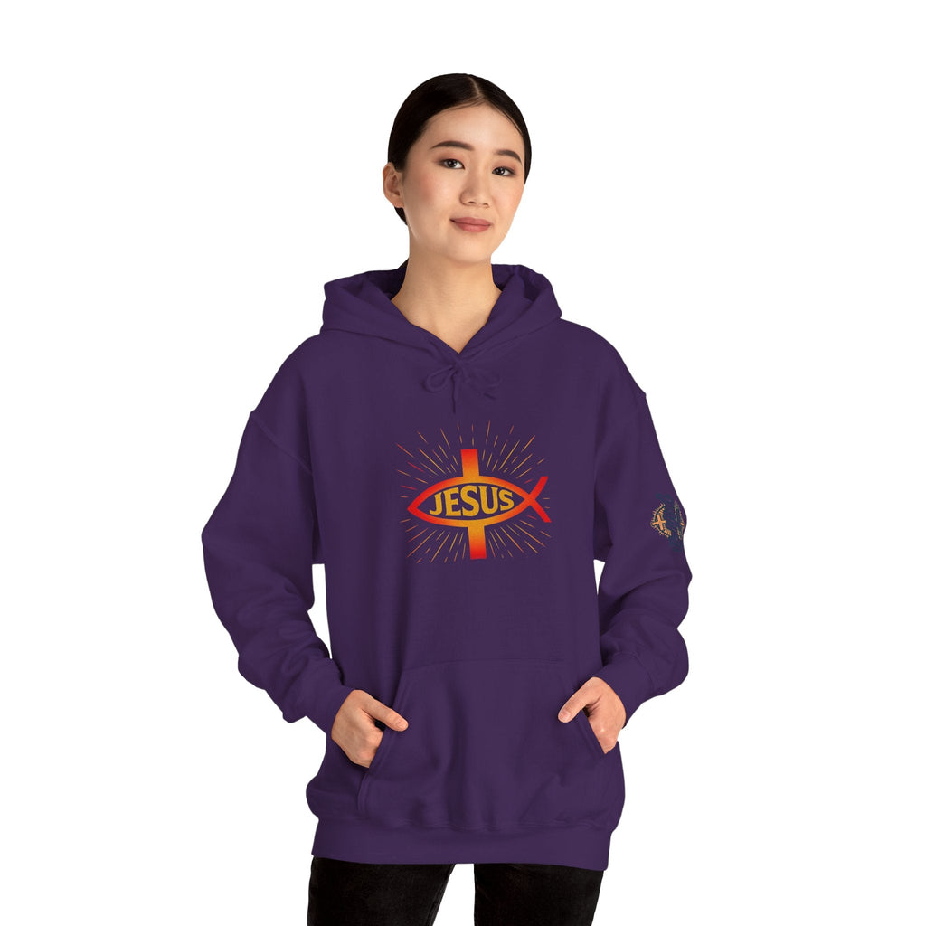 Jesus Ichthys Hoodie – Christian Fish Symbol with Cross & Jesus Inscription Sweatshirt for Eternal Faith & Streetwear Printify