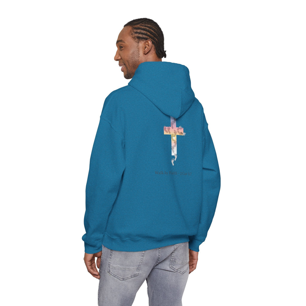 Walk by Faith Hoodie – Cross & Footprints Christian Hoodie for Cozy Inspiration Printify