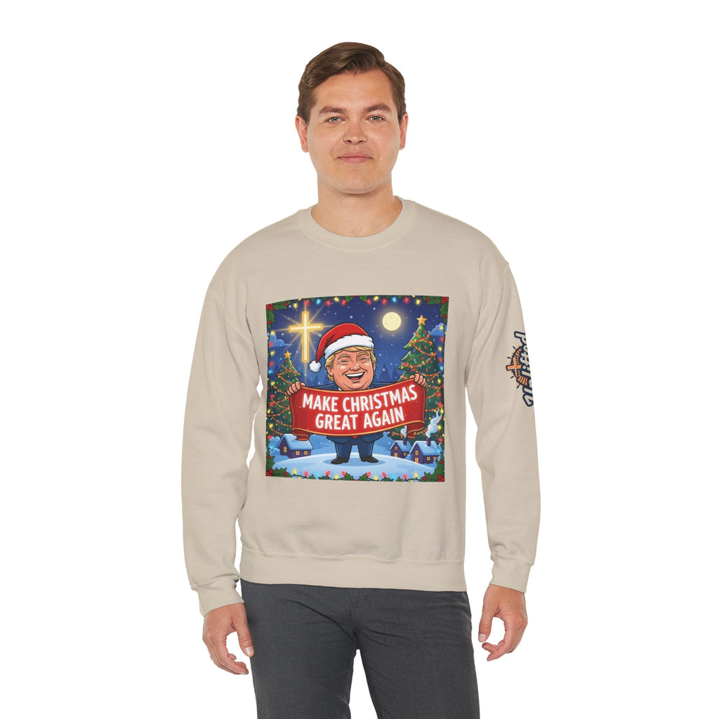 🎄 Make Christmas Great Again – Patriotic Christian Christmas Sweatshirt | Bold Holiday Faith Tee | Red & White Banner Design | Uplifted Gear Printify