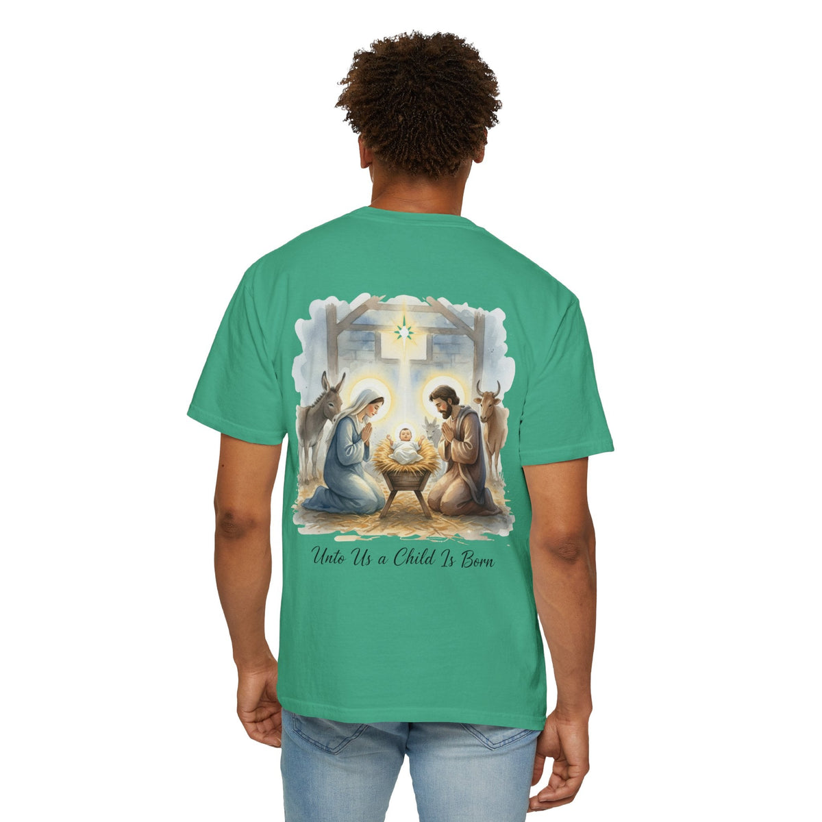 Unto Us a Child is Born T-shirt – Isaiah 9:6 Nativity Manger Scene Christian Christmas T-shirt for Holy Night Faith Printify