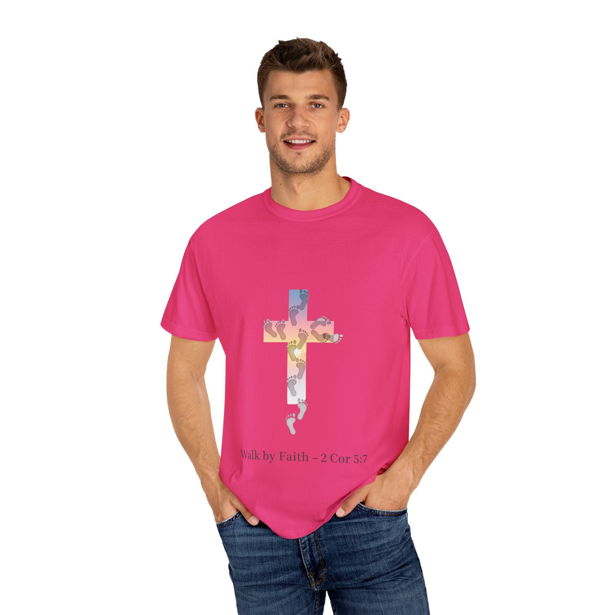 Walk by Faith T-Shirt – Cross & Footprints Christian Tee for Bold Believers Printify