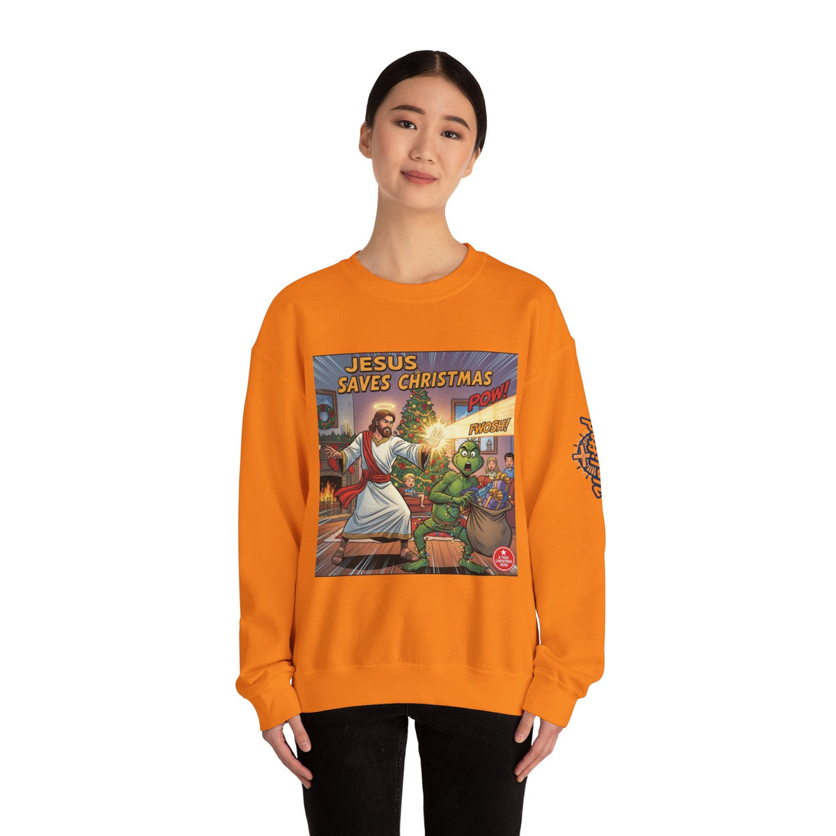 Jesus Saves Christmas Sweatshirt – Grinch vs Savior Light Battle Christian Sweatshirt for Hilarious Holiday Faith & True Joy Printify
