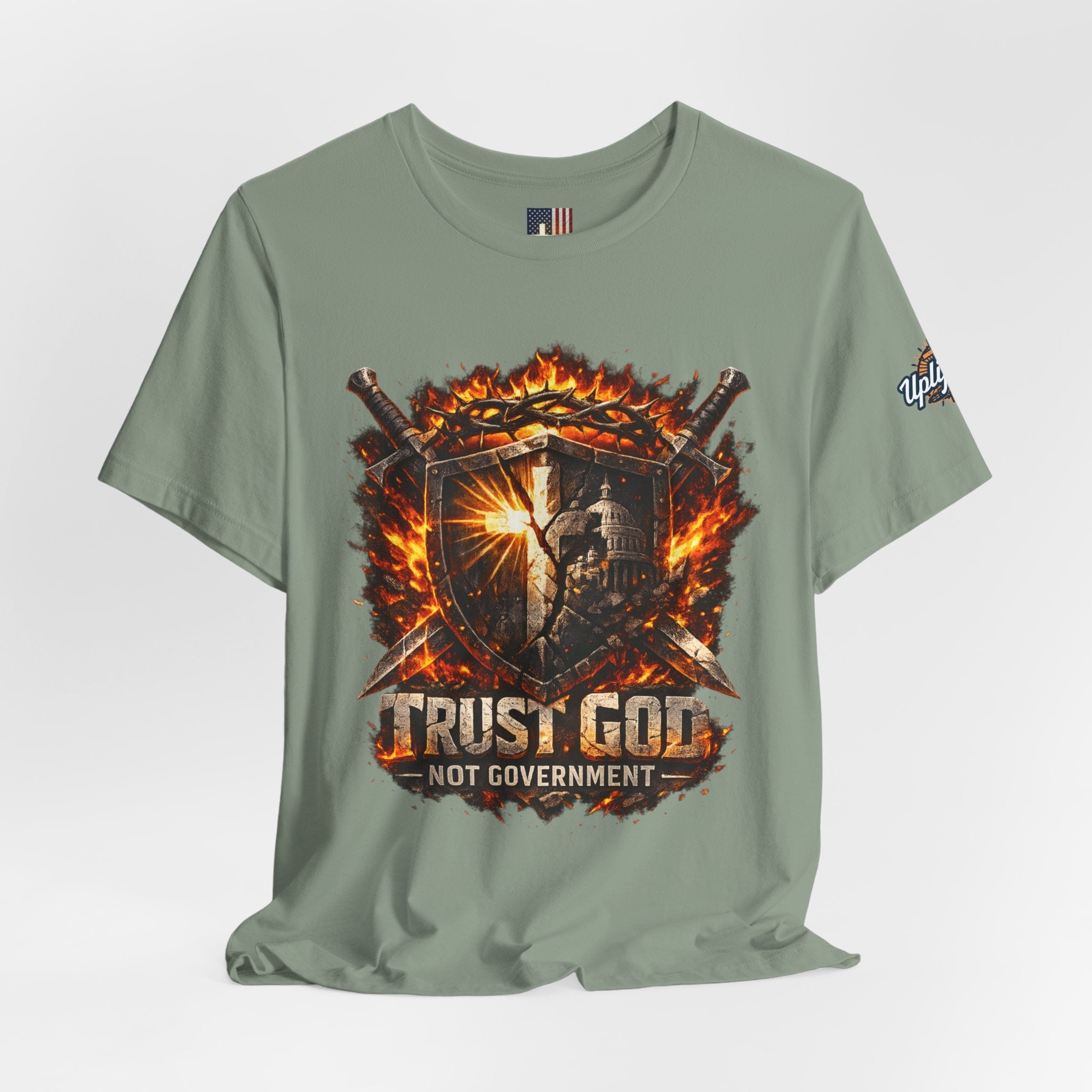 Trust God Not Government Shield Tee — Patriotic Christian Faith T-Shirt Printify