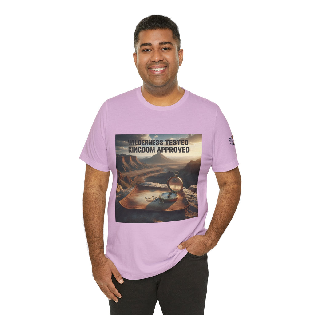 Wilderness Tested Kingdom Approved T-shirt – Mountain Desert Compass Crown Christian T-shirt for Biblical Adventure Faith Printify